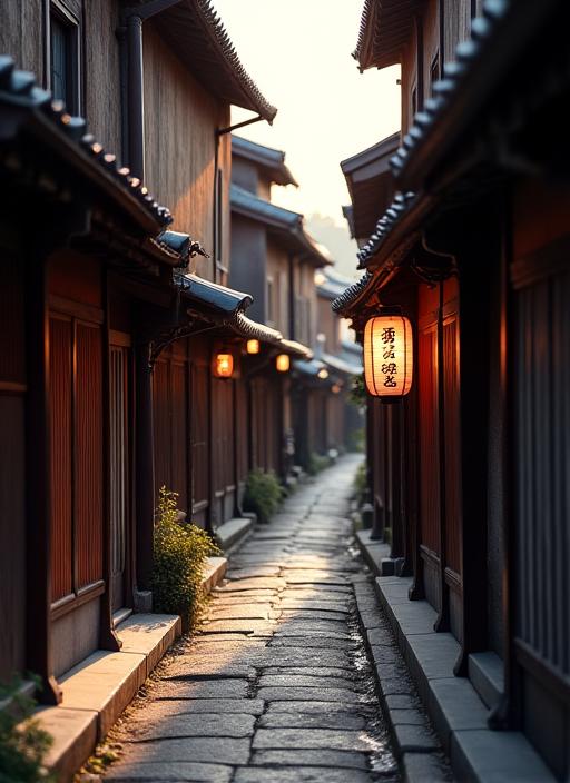 A narrow, stone-paved alleyway in Gion, Kyoto, lined with traditional wooden machiya houses.