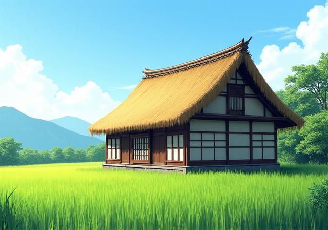 A traditional Japanese farmhouse (kominka) with a thatched roof, surrounded by green rice paddies.