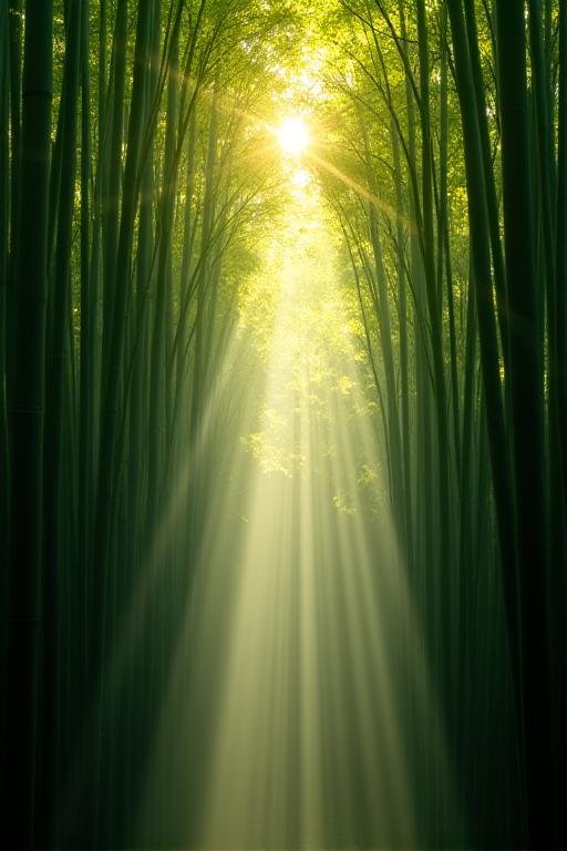 Sunlight filtering through the dense Arashiyama Bamboo Grove.