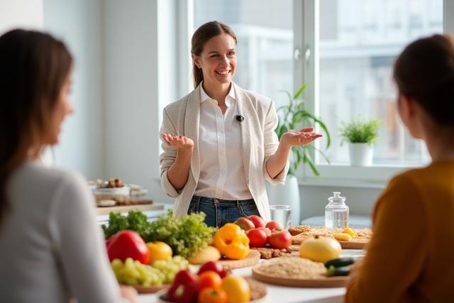 A nutrition expert leading a workshop on healthy eating, with fresh fruits and vegetables on display.