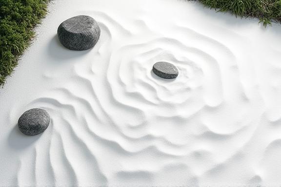 A minimalist zen rock garden with raked sand patterns and carefully placed stones.